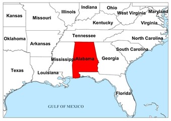 Obraz premium Alabama united states of america map red sign