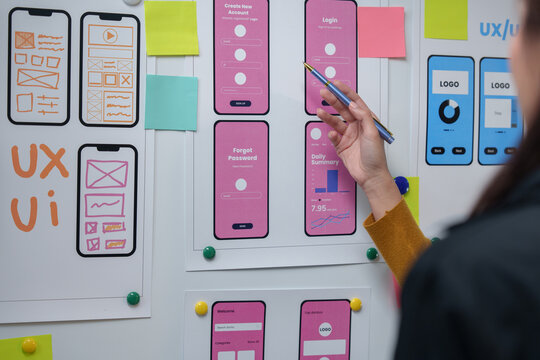 Web designer pointing at mockups of mobile application screens hanging on whiteboard, planning user interface and user experience of new app