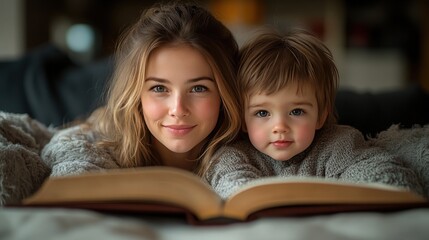 Obraz premium Young mother reading a book to her adorable child, surrounded by cozy blankets and a warm atmosphere, creating a tender moment of bonding and love in a home setting.