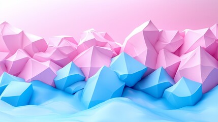 Abstract pastel pink and blue geometric crystal landscape.