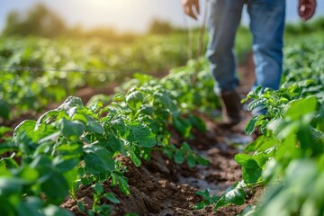 A farmer walking along rows of organic vegetables on sustainable farm utilizing drip irrigation practices. Highlights eco-friendly agriculture and rural labor under bright morning sky.
