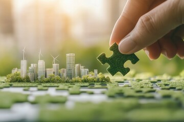 Sustainable urban planning: hand holding green puzzle piece with eco-friendly city and wind turbines