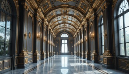 Luxurious Gold-Accented Hallway in a Grand European Palace