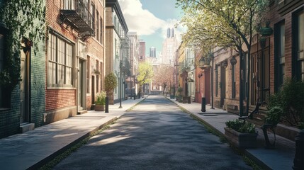 Obraz premium A serene urban street lined with charming buildings and vibrant greenery under a clear sky.