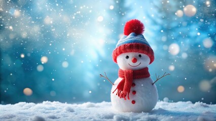 Fototapeta premium A Joyful Snowman in a Winter Wonderland, Adorned with a Cozy Knit Hat and Scarf, Amidst Falling Snow and Sparkling Lights