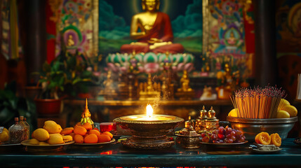 Fototapeta premium A traditional Tibetan altar with a brightly lit butter lamp, decorated with a golden Buddha statue and offerings such as fruits and incense, Ai generated images