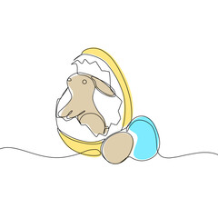 Easter Holiday decoration. Rabbit and eggs continuous line drawing. Hand drawn vector illustration.