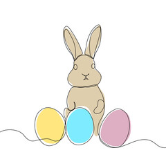 Easter Holiday decoration. Rabbit and eggs continuous line drawing. Hand drawn vector illustration.