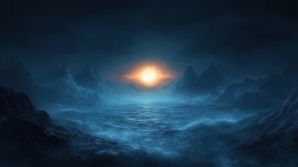 Misty Landscape with Glowing Blue Horizon Dramatic Lighting Abstract Scene