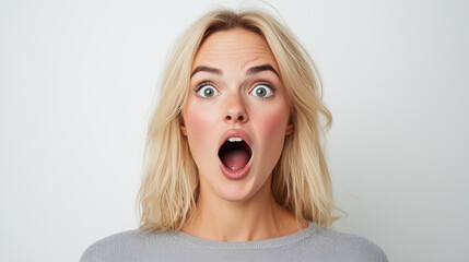 A beautiful blonde woman expressing surprise and shock, her mouth open and eyes wide in an exaggerated expression