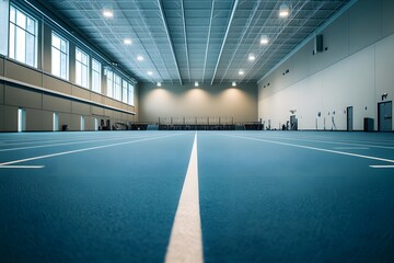 Bright sports hall with cushioned flooring, neutral walls, and ample lighting. Ideal for athletic events and games.