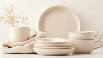 Fototapeta premium Ceramic tableware collection. Simple and elegant stoneware dishes. Ideal for minimalist kitchens and lifestyle imagery.
