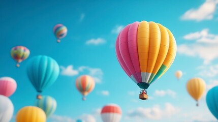 Fototapeta premium Colorful hot air balloons soaring against a clear blue sky with fluffy clouds in the background