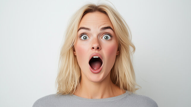 A beautiful blonde woman expressing surprise and shock, her mouth open and eyes wide in an exaggerated expression - Powered by Adobe