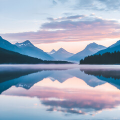 Serene Mountain Lake Reflection: Pastel sunrise paints the sky and mountain peaks, mirrored perfectly in a still, mist-shrouded lake, creating a breathtaking scene of tranquility.