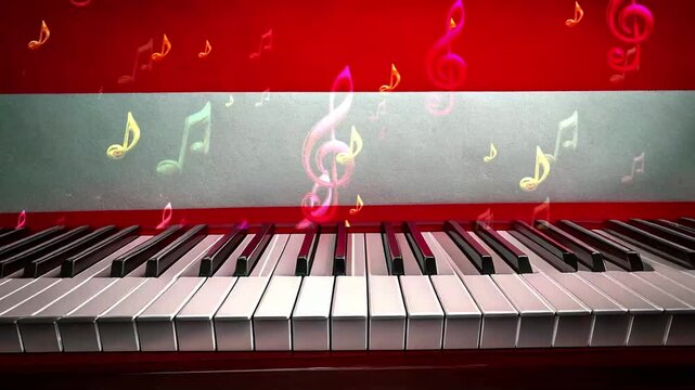 Animation mit bewegten Klaviertasten und Noten. Wien, die Stadt der Musik; &Ouml;sterreichische Flagge im Hintergrund.