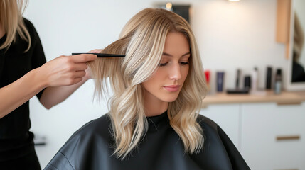 Naklejka premium A beautiful blonde woman sitting in a modern hair salon, getting her hair styled and dyed by a professional hairstylist