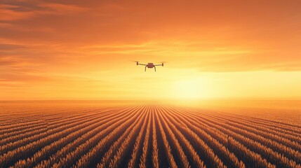 Drone soaring over golden field at sunrise amidst stunning orange sky