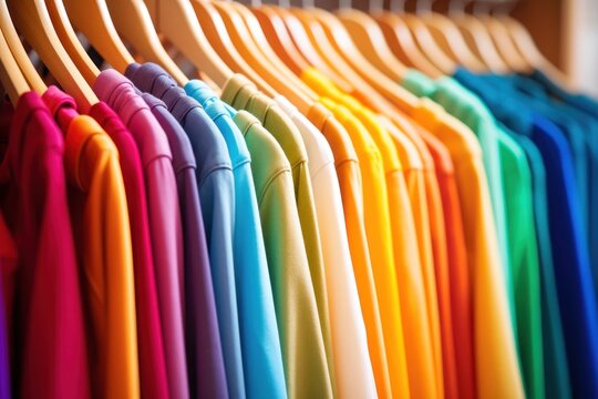 Fashion clothes on clothing rack - bright colorful closet wardrobe fashion hanger