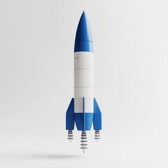 Blue and White Rocket Ship, Space Exploration, Innovation, 3D Render, Minimalist Design, Launch,  Future Technology, Success