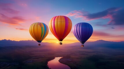 Obraz premium Colorful hot air balloons soaring over a serene landscape at sunset, reflecting on a calm river