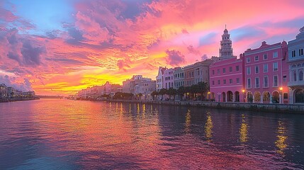 Obraz premium A vibrant sunset over a waterfront with colorful buildings reflecting in the water.