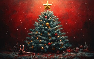 Christmas Tree with Star Ornament on Red Background and Loading Progress Bar