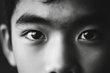 A black-and-white portrait of a teenage Asian boy with a serious yet refle, Generative AI 