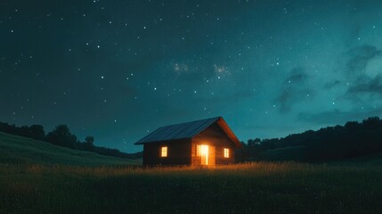 A peaceful rural stable glowing with warm light, under a canopy of stars and surrounded by quiet, open land.