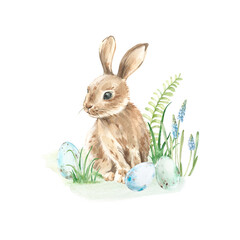 Easter composition with rabbit, eggs, muscari flowers and fern leaves. Hand-drawn watercolor illustration isolated on white background. Template for holiday decoration 