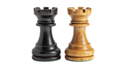 Two chess pieces, one black and one wooden, stand side by side on a plain background. Their detailed craftsmanship emphasizes the beauty of traditional chess pieces against a transparent background