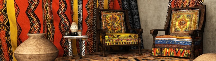Fototapeta premium Colorful ethnic chairs in room with patterned fabrics