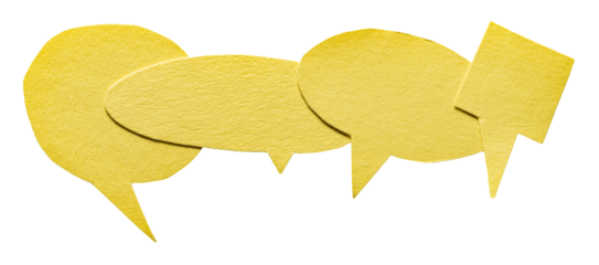 Row of yellow blank cut out cardboard paper speech bubbles with rough edges and copy space for text on transparent png background design element