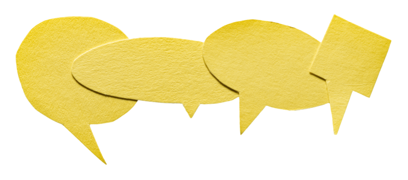 Row of yellow blank cut out cardboard paper speech bubbles with rough edges and copy space for text on transparent png background design element
