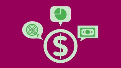 Financial business money concept banner design illustration background with icons, geometric shapes and vibrant colors.  Finance ideas composition greeting cards for social media presentation and ads