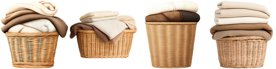 Obraz premium Home organization and storage ideas, Collection of woven baskets, each filled with neatly folded blankets in various neutral tones.