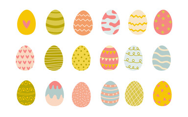 collection of colorful flat Easter eggs adorned patterns. set for spring holiday decorations. isolated vector icons are presented against white background, vibrant assortment of festive eggs.