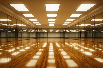 Open dance hall with polished wood floors, mirrored walls, and soft lighting. Perfect for ballroom or modern dance.