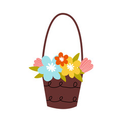 Spring illustration, basket with flowers isolated on white background, vector illustration, flat