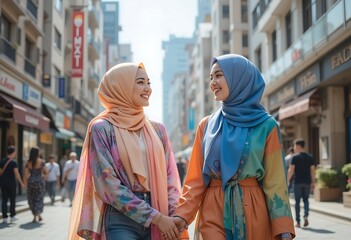 Fototapeta premium Smiling Muslim Women City Street Fashion Peach Blue Hijabs