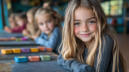 Obraz premium In a vibrant classroom filled with enthusiasm, a group of children participates in creative activities, focusing on colorful materials around them.