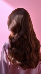 Naklejka premium Beautiful model girl with Brown hair strand,silky healthy chestnut wavy hair strand,hair wavy ribbon, with smooth,Keratin straightening,Treatment,straight long hair,procedures,Smooth hairstyle.