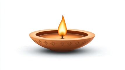 A single traditional diya lamp lit with a bright flame on a pristine white background, symbolizing warmth and light.