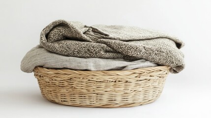 Obraz premium A stack of dirty clothes in a woven laundry basket, displayed on a clean white background for simplicity