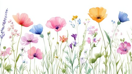 Beautiful seamless floral water color pattern Set, watercolor wild flowers, leaves and grass,Collection botanic garden elements, isolated illustration in rustic or vintage style,copy space.