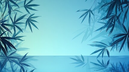 A serene blue landscape with bamboo leaves framing a calm water surface.