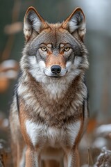 Fototapeta premium Majestic wolf stands confidently in a serene forest setting amidst autumn foliage during the golden hour