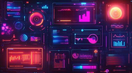 Fototapeta premium A futuristic digital interface with holographic elements, showcasing data analytics, graphs, and technology symbols in vibrant neon tones, representing advanced technology and innovation.