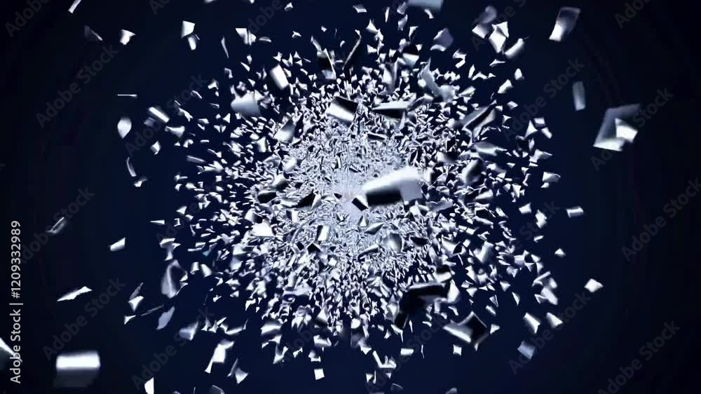 Poster exploring a dynamic explosion of silver shapes moving in a swirling pattern through a dark backgroun