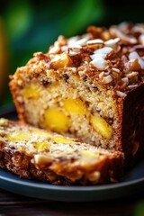 Delicious mango nut bread displayed on a plate with slices showing juicy mango pieces and crunchy nut topping, perfect for breakfast or dessert